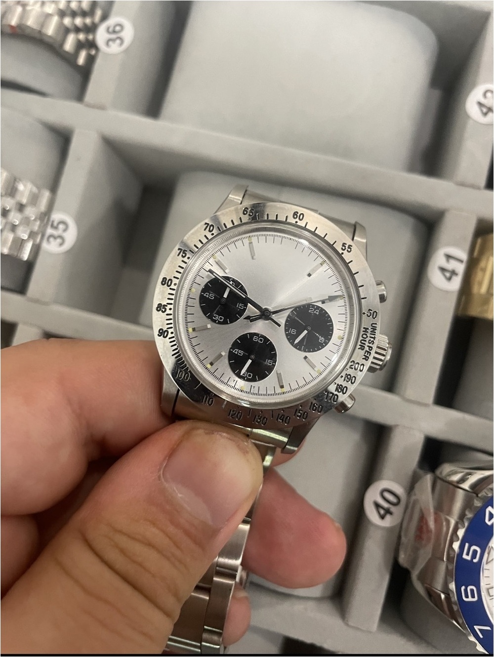 Silver Stainless Steel Chronograph Watch with Black Subdials 36 mm stock 328